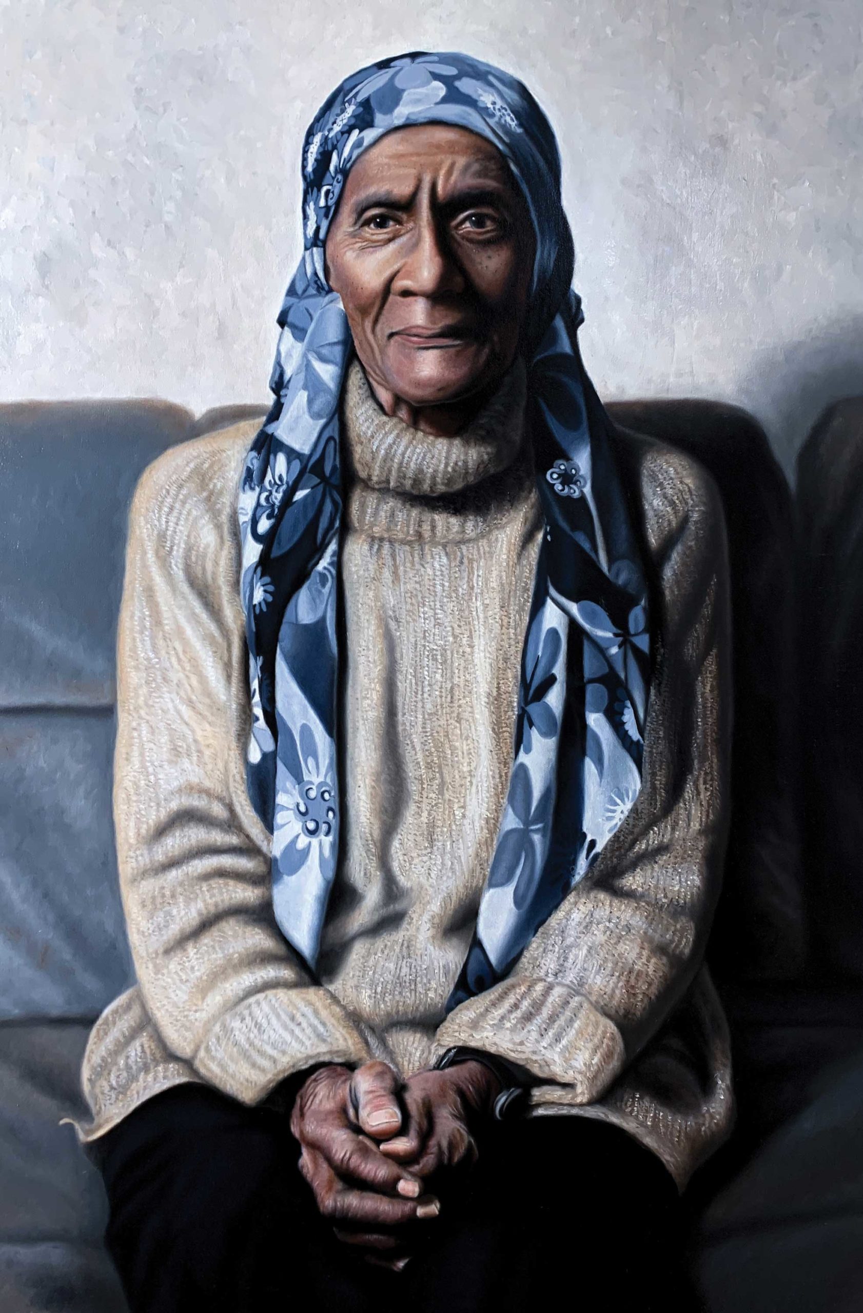 contemporary realism portrait paintings - O'Neil Scott (b. 1982), "Ummi," 2019, oil on panel, 36 x 24 in., private collection