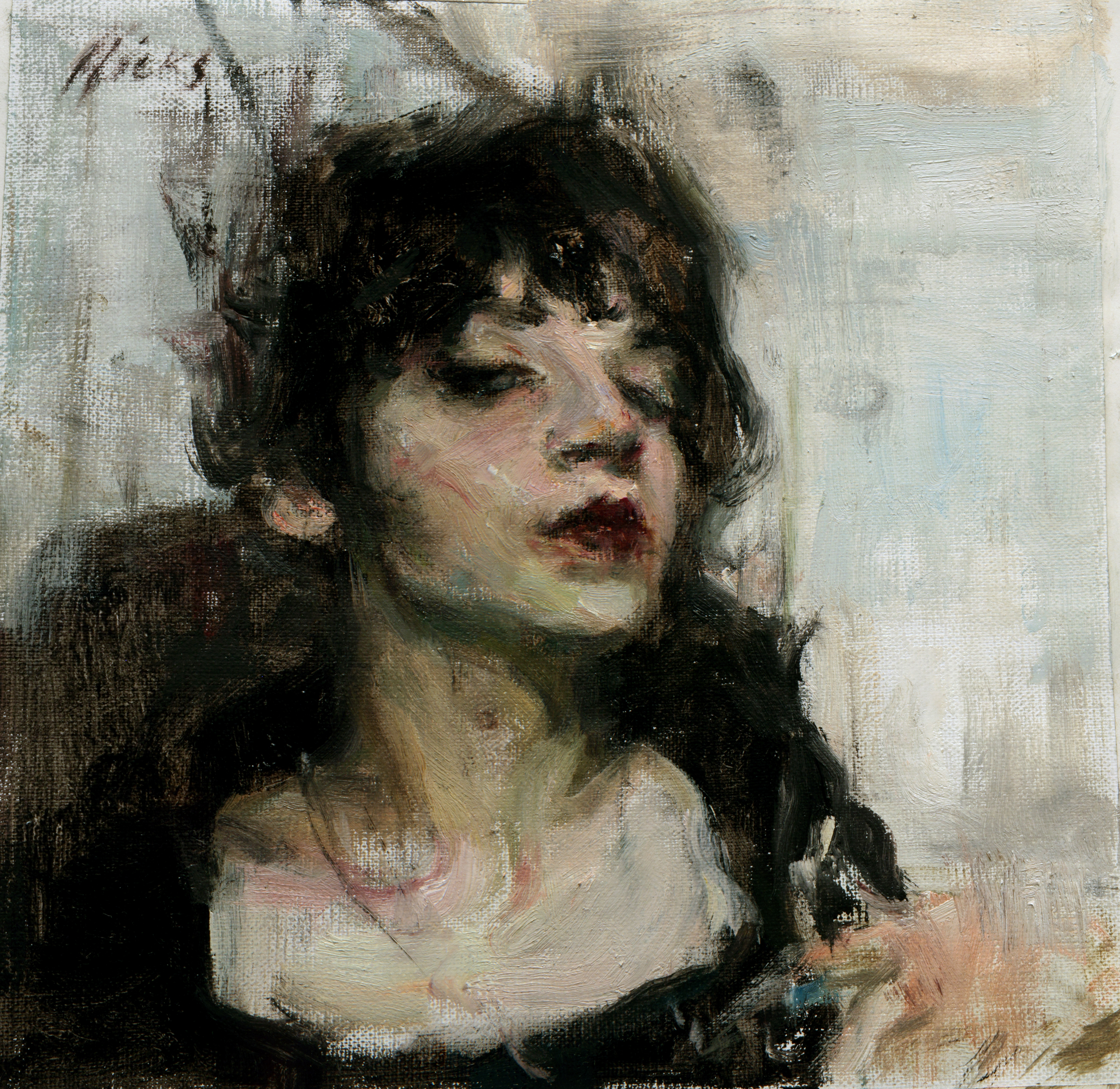 Contemporary realism portrait painting - Ron Hicks, "As If," 8 x 8 inches, Oil on linen