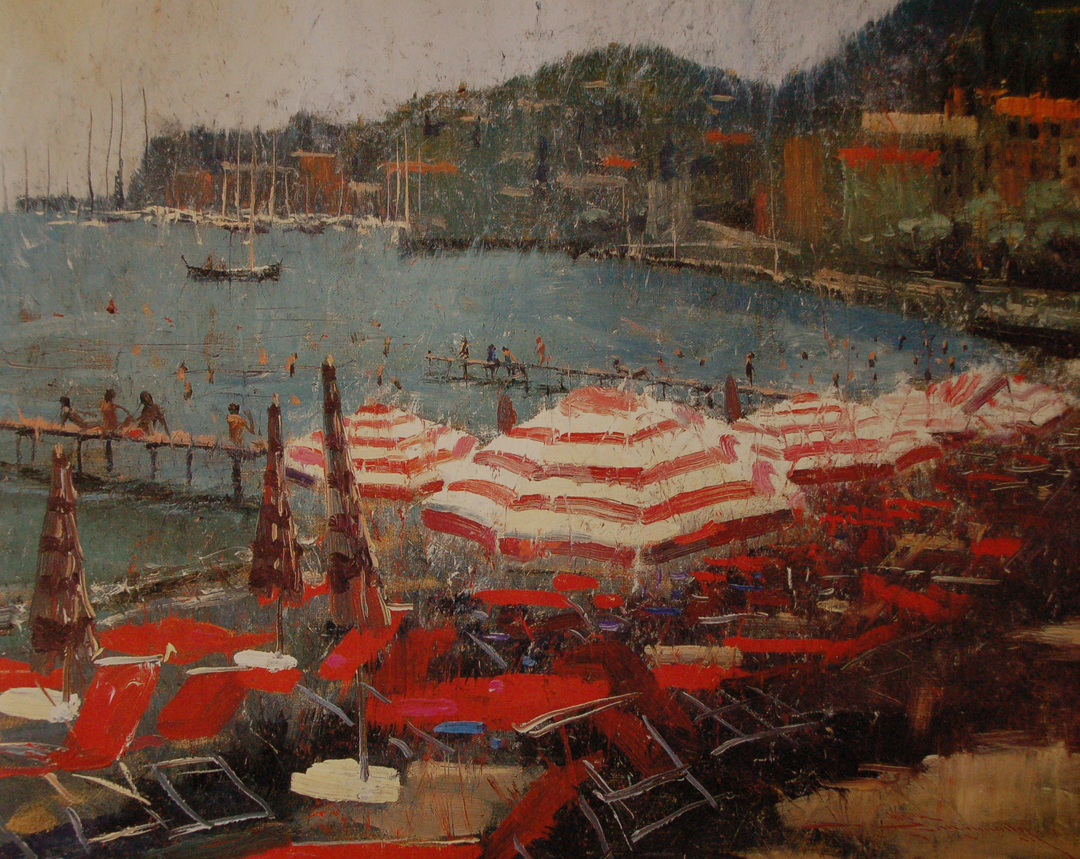 C.W. Mundy, "Red Striped Umbrellas, Santa Margherita Ligure," (Italy Light & Color 1996 Collection), 16 x 20 inches, oil on linen, painted en plein air, Private Collection