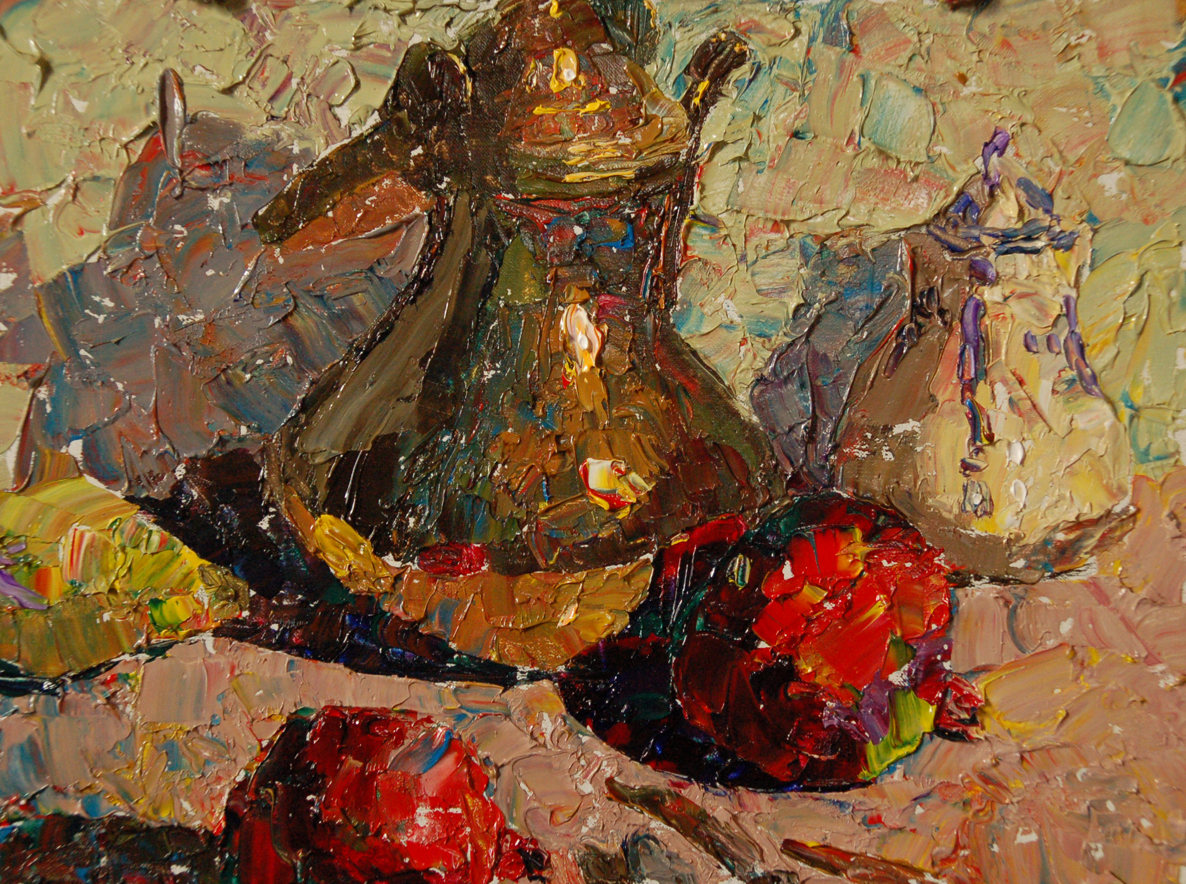 Still life painting with teapot and fruit
