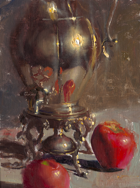 Still life painting of silver coffee urn