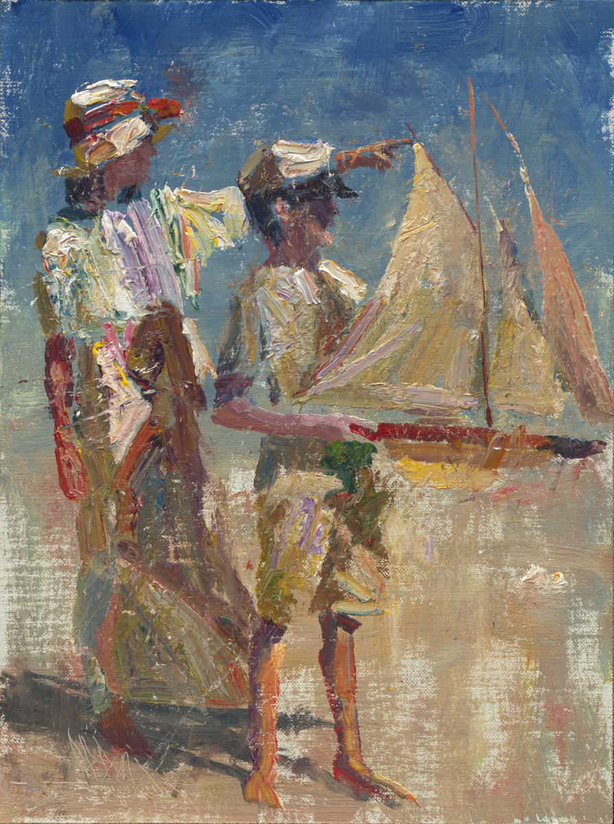 C.W. Mundy, "Anne and Jake With Pond Yacht," 2012, 12 x 19 inches, oil on linen, Private Collection
