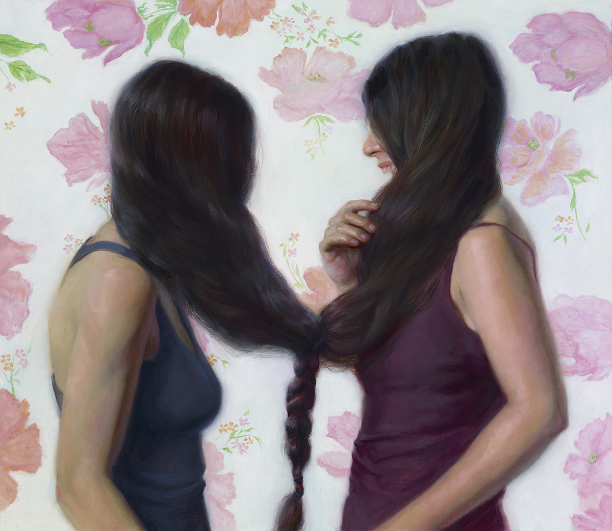 two girls braiding hair, ends of hair is intertwined. flower background 