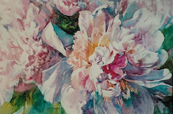 painting petals - "Peonies in Profusion," watercolor by Ann Pember