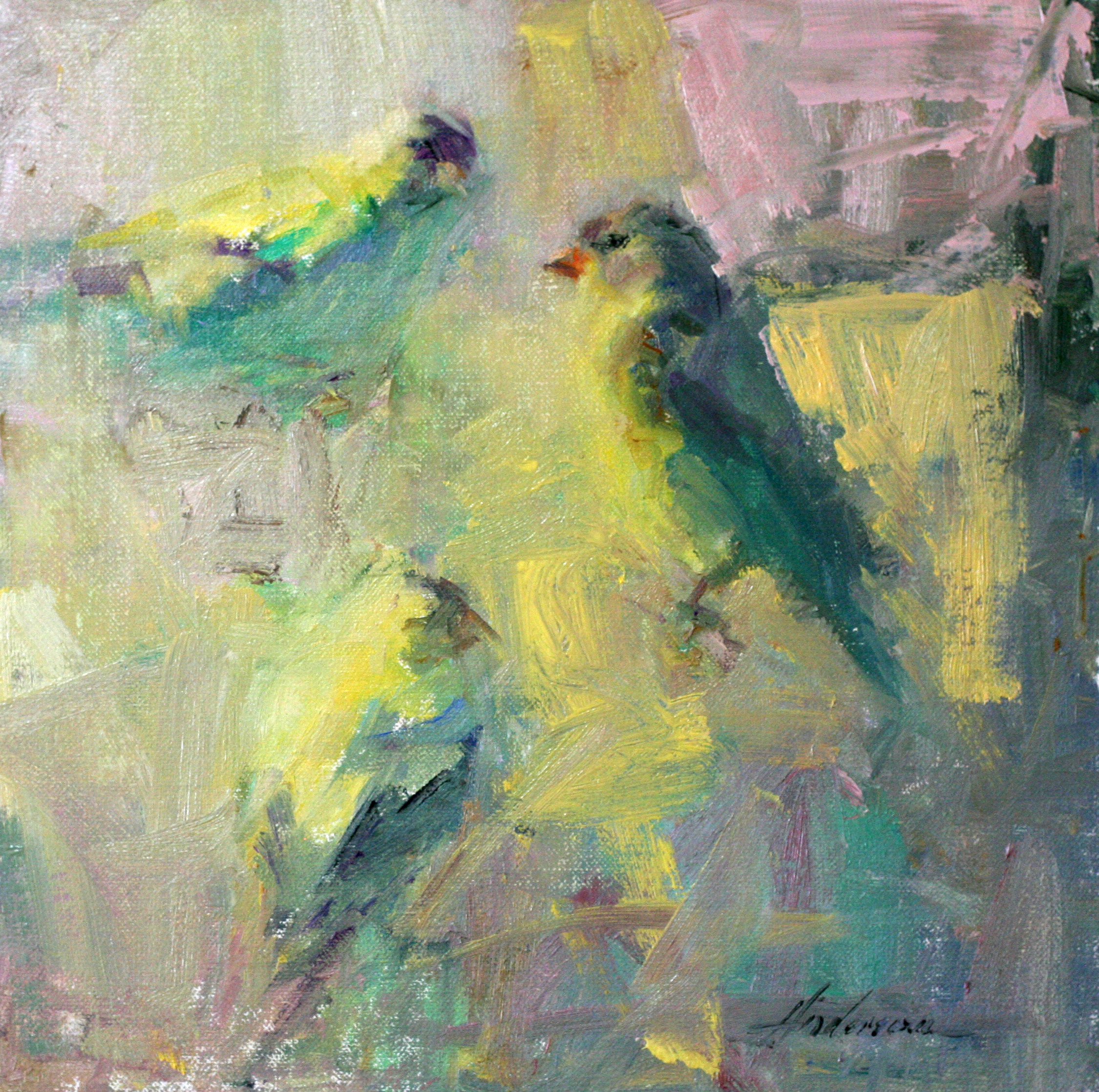 Carolyn Anderson, "Three Yellow Birds," 10 x 10 in.