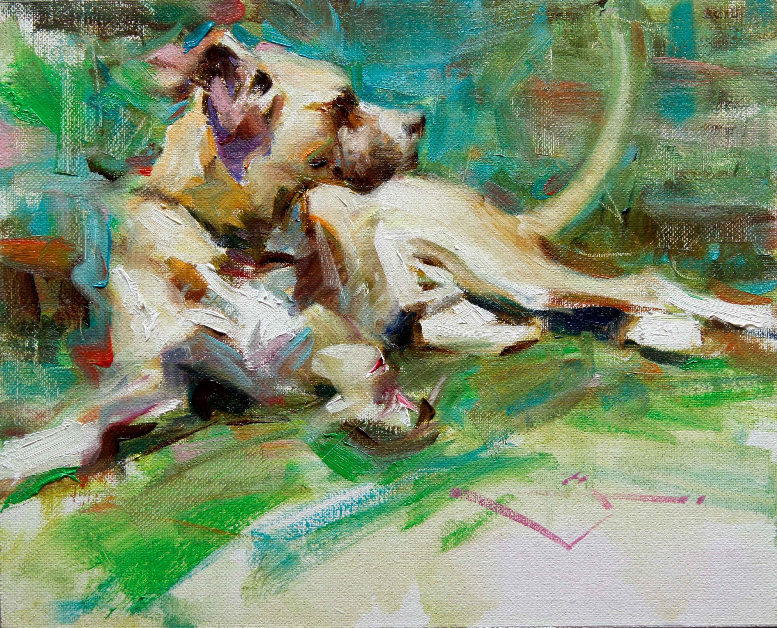 Painting of a dog - Kevin Beilfuss, "King of the Yard," 8 x 36 in.