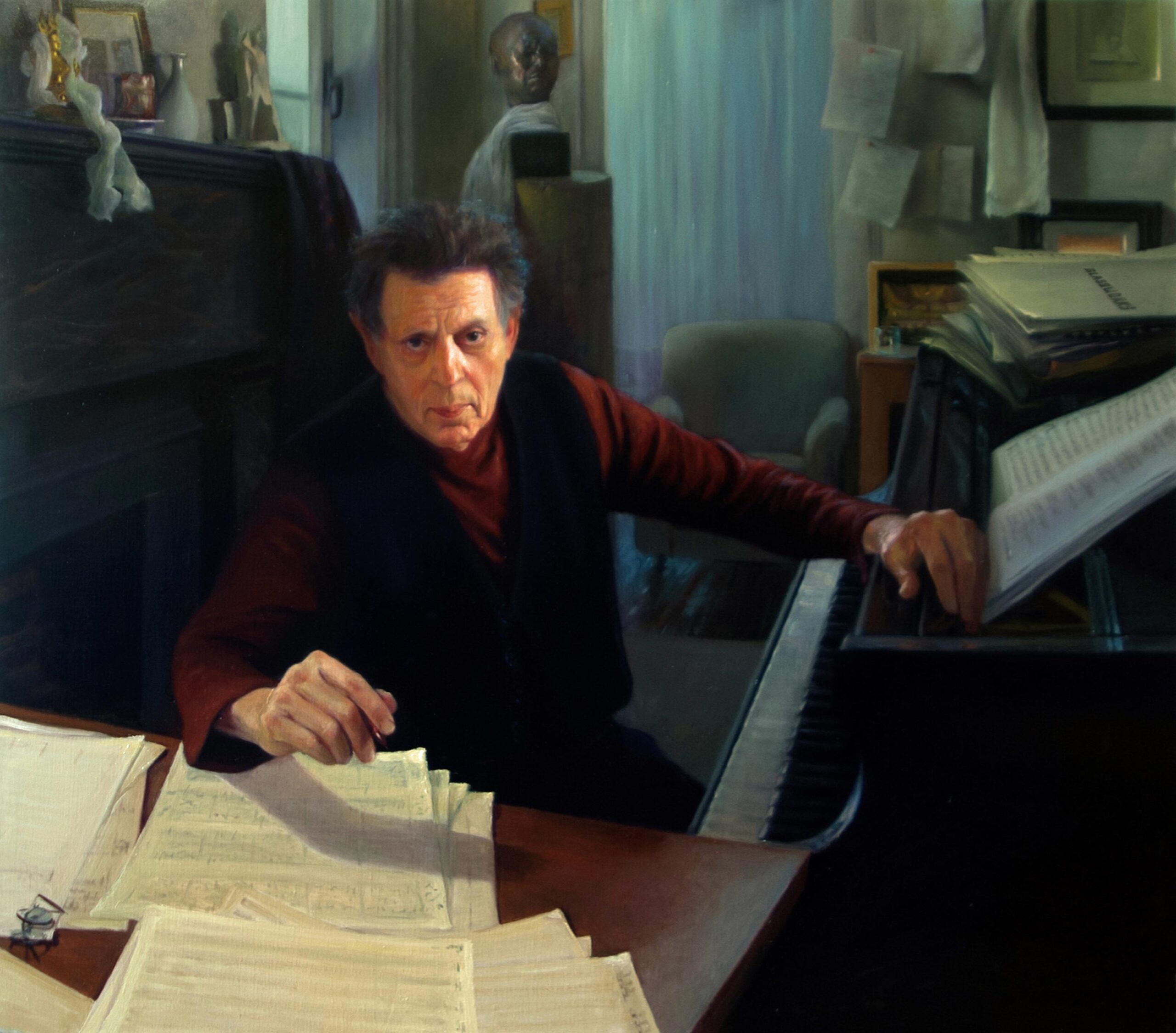 representational portraits - Luis Alvarez Roure, "Philip Glass," 2016, oil on linen, 46 x 52 in., available from the artist