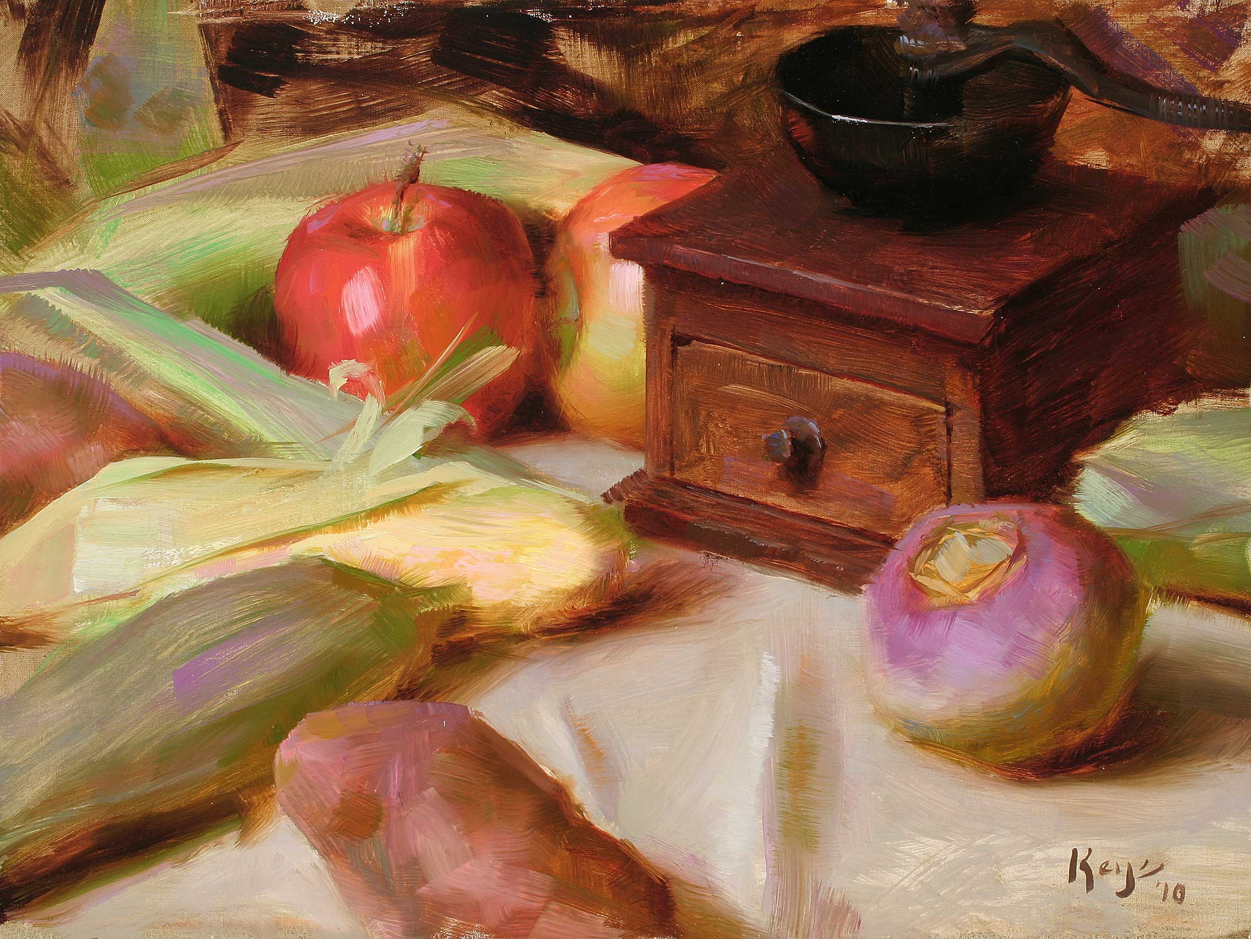 Representational art - Daniel Keys, "Antique Coffee-grinder with Vegetables," 2010, 12" x 16" oil on linen