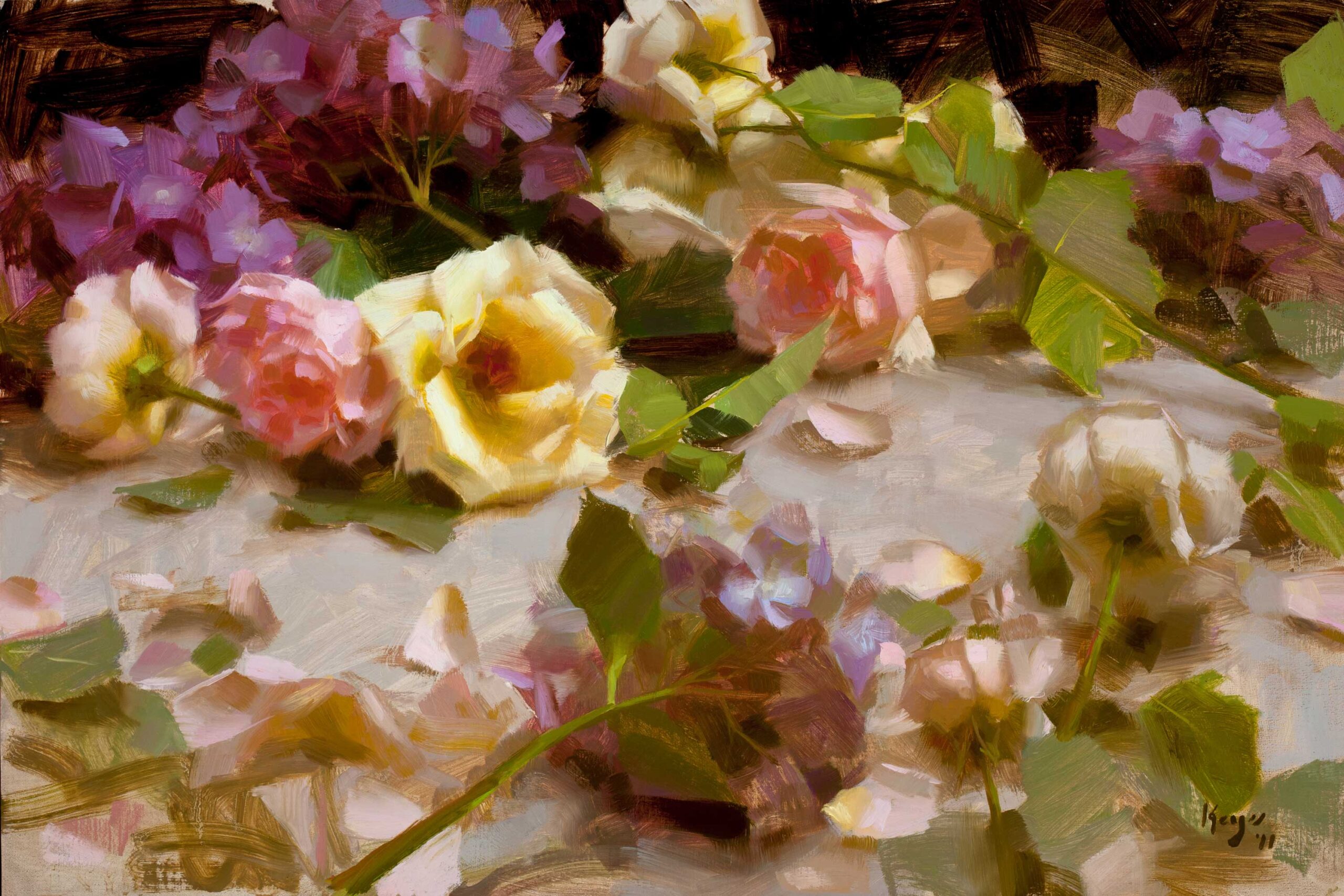Daniel Keys, "Roses and Hydrangeas," 2011 16" x 24", oil on linen
