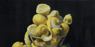 Still life painting realism - Jordan Baker (b. 1981), "Too Much Is Never Enough: Lemons," 2021, oil on canvas, 20 x 20 in.
