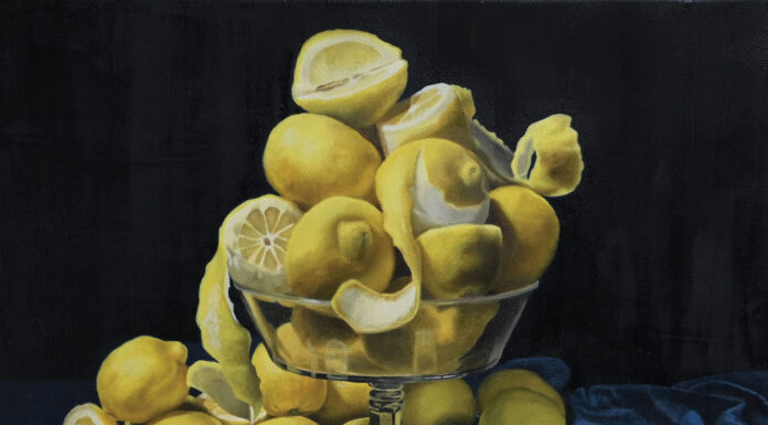 Still life painting realism - Jordan Baker (b. 1981), "Too Much Is Never Enough: Lemons," 2021, oil on canvas, 20 x 20 in.