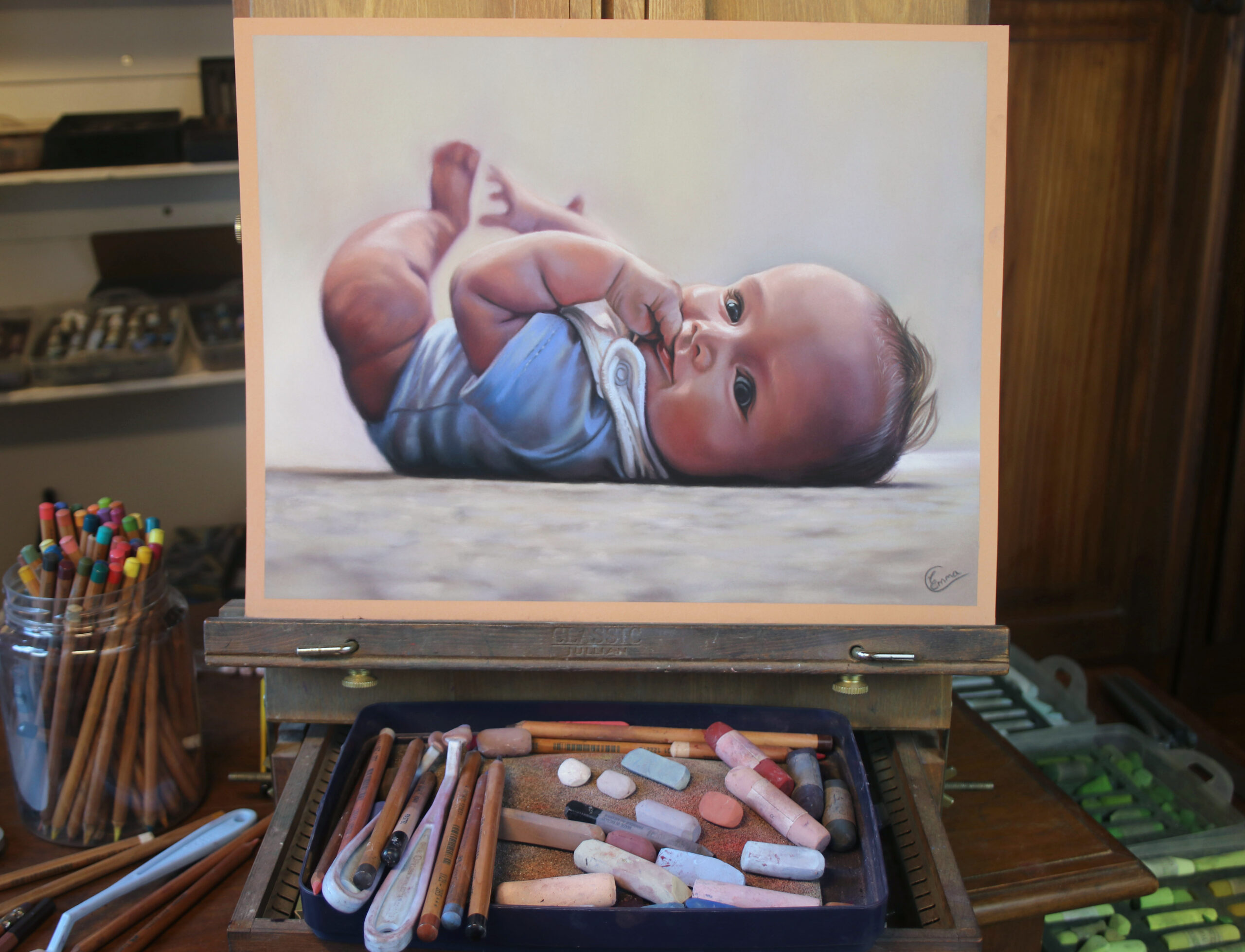 Portrait painting of a baby, by Emma Colbert