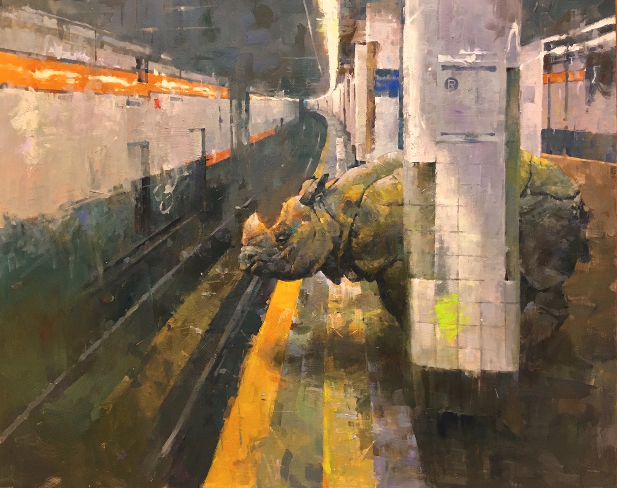 Contemporary realism - painting of a Rhino in a subway