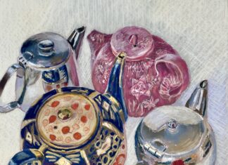 Pastel paintings - Fiona Carvell, "Tea & Sympathy," Pastel, 15.5 x 15.5 in., Exhibited at The Royal Academy of Arts, London 2023