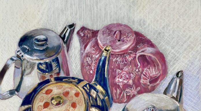 Pastel paintings - Fiona Carvell, "Tea & Sympathy," Pastel, 15.5 x 15.5 in., Exhibited at The Royal Academy of Arts, London 2023