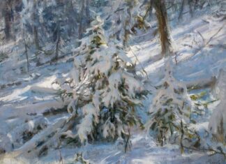 Contemporary realism landscape - Jared Brady, "Softly Falls the Light," 2020, oil on linen panel, 18 x 24 in., private collection
