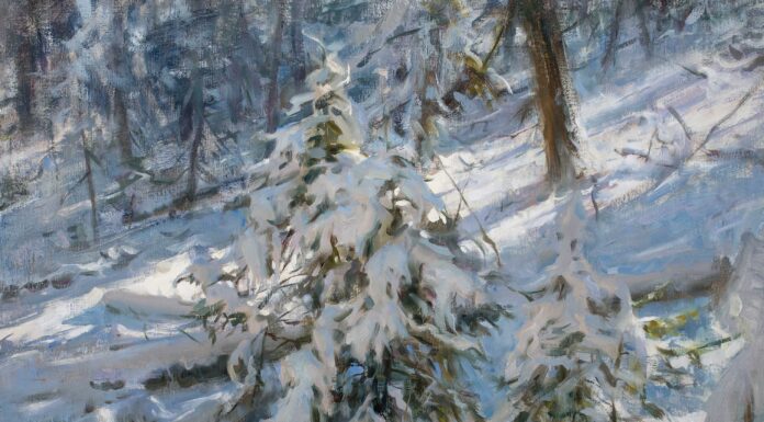 Contemporary realism landscape - Jared Brady, "Softly Falls the Light," 2020, oil on linen panel, 18 x 24 in., private collection
