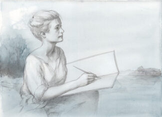 Patricia Watwood, “The Muse and the Source,” Graphite and Watercolor on Arches Aquarelle Paper, 11 x 15 in.