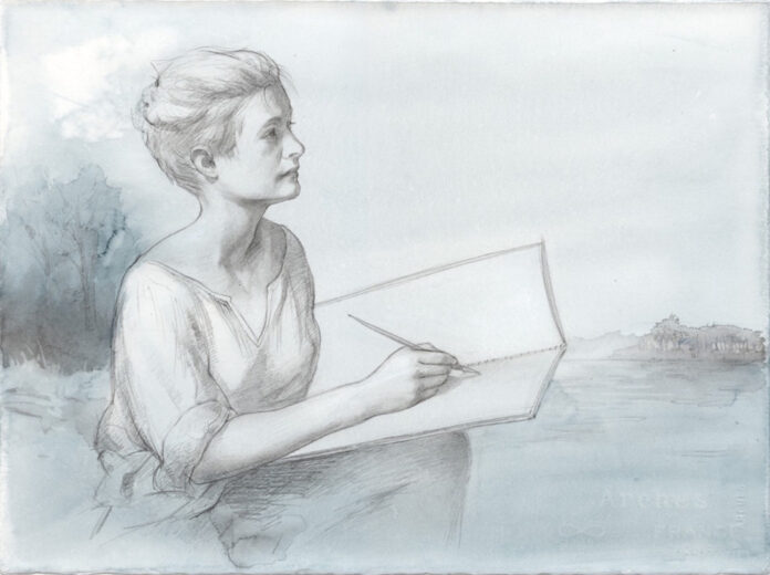 Patricia Watwood, “The Muse and the Source,” Graphite and Watercolor on Arches Aquarelle Paper, 11 x 15 in.