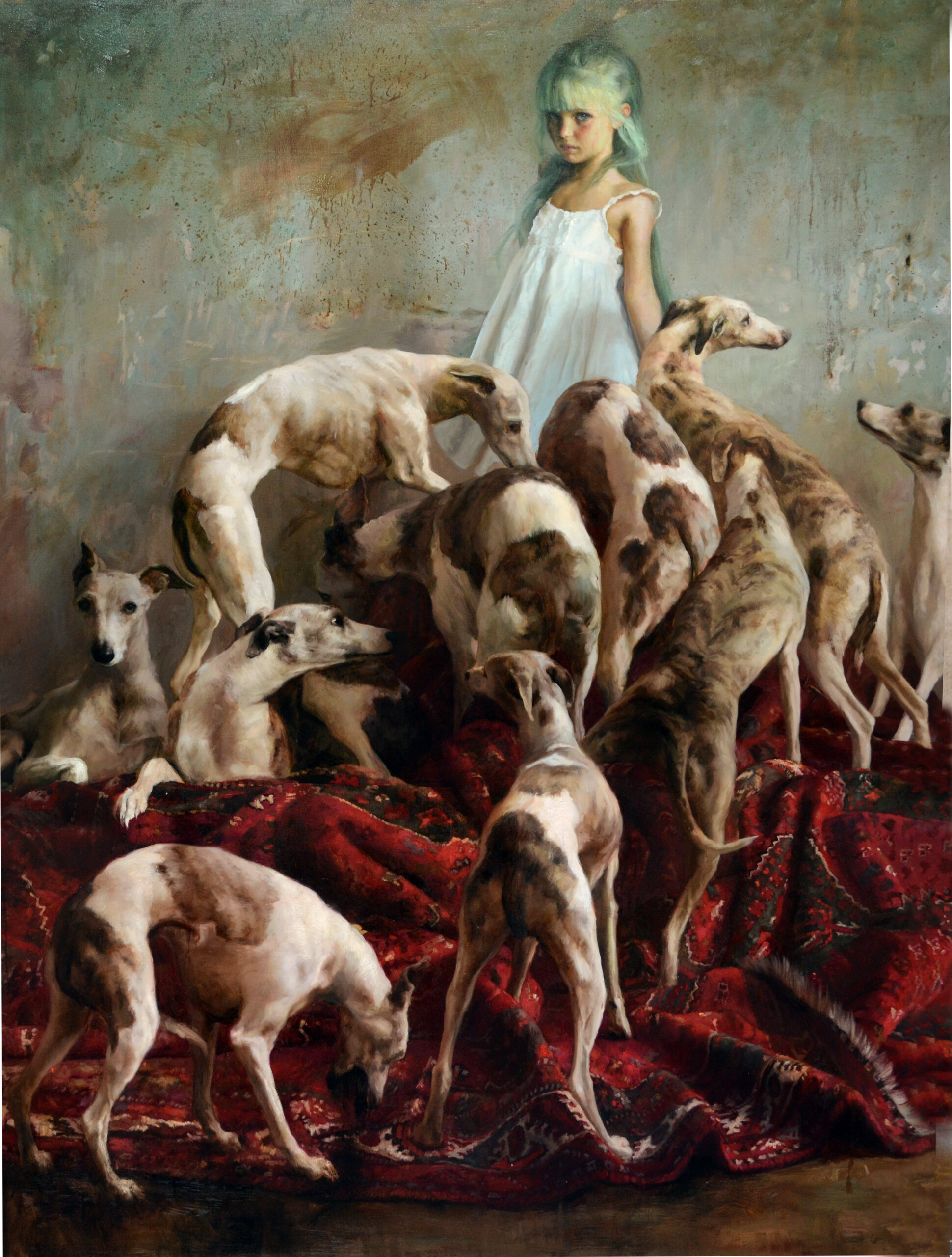 Narrative painting - Guillermo Lorca, "Laura and the Dogs," 2012, oil on canvas, 78 3/4 x 59 in., private collection