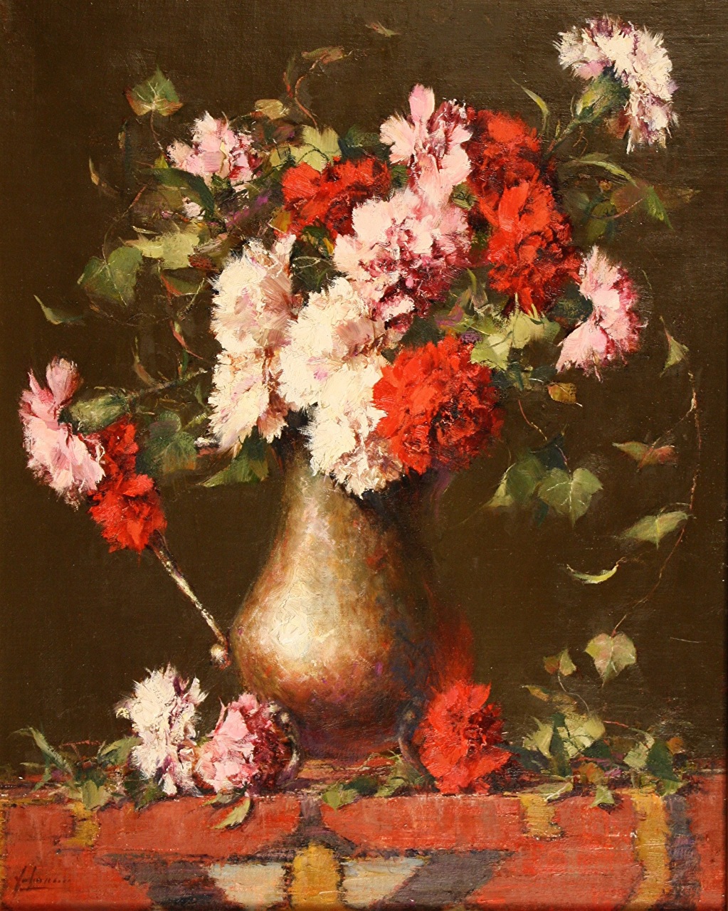 Painting with oil - still life of carnations and ivy