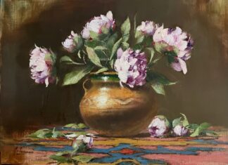 Painting with oil - still life of Peony flowers