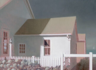 Tamalin Baumgarten, "Meeting House Entry," oil on panel, 6 x 8 inches, 2023