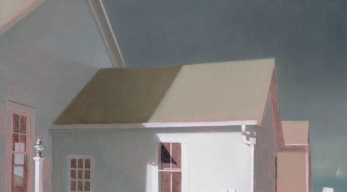 Tamalin Baumgarten, "Meeting House Entry," oil on panel, 6 x 8 inches, 2023