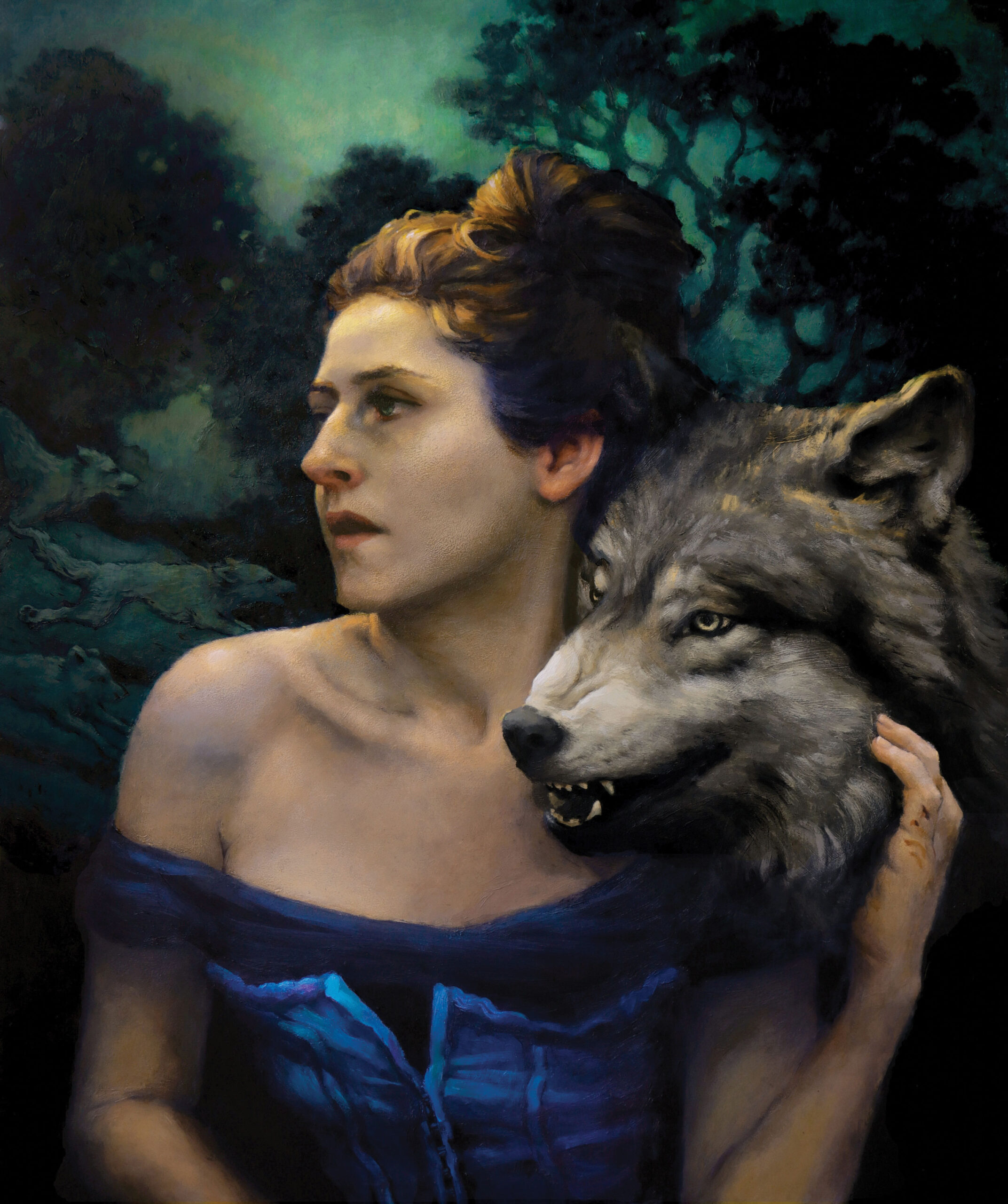 Contemporary realism painting - woman with a wolf