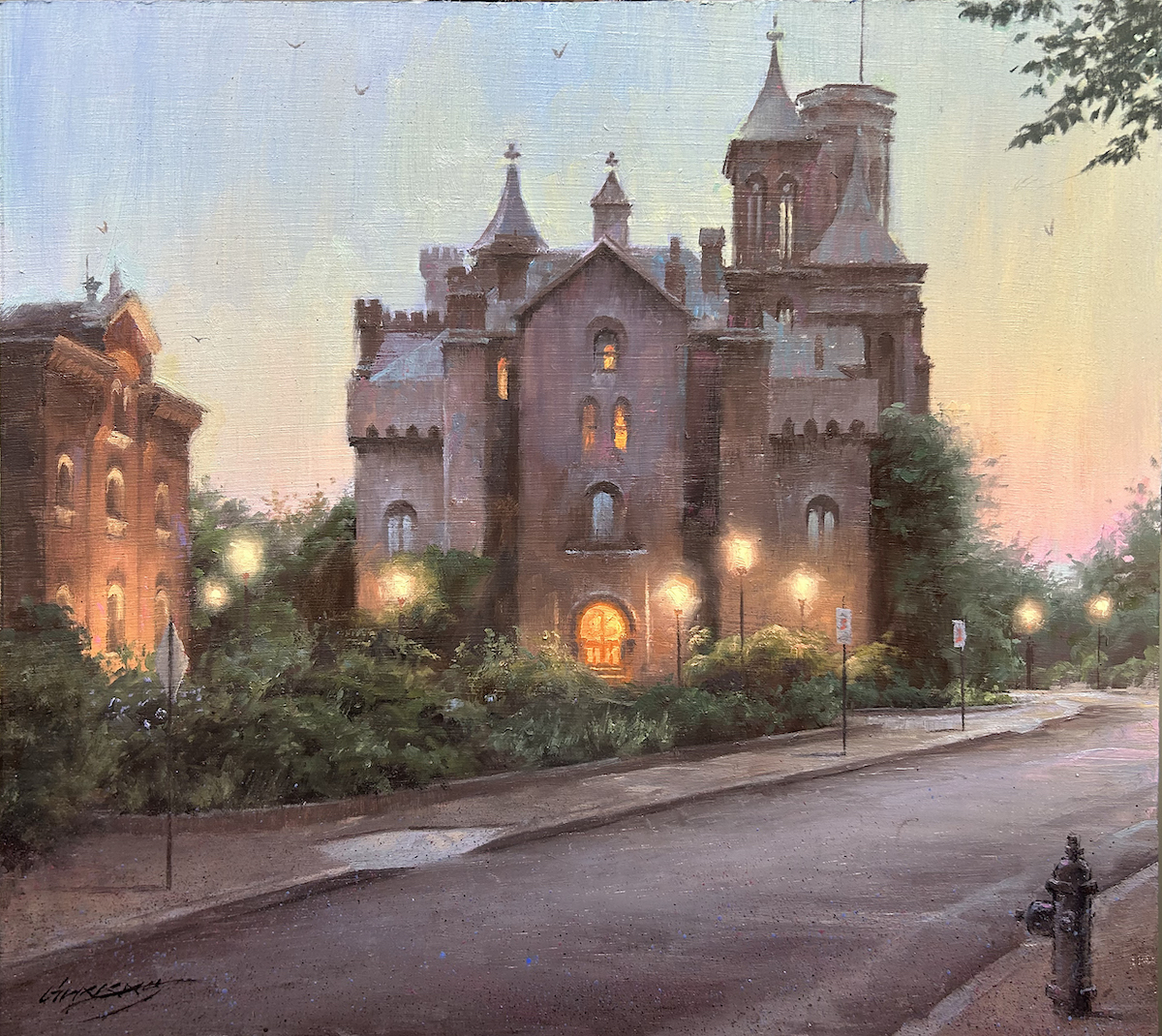 Realism landscape painting - Gavin Glakas, “The Smithsonian Castle,” Oil on panel, 13 x 16 in.