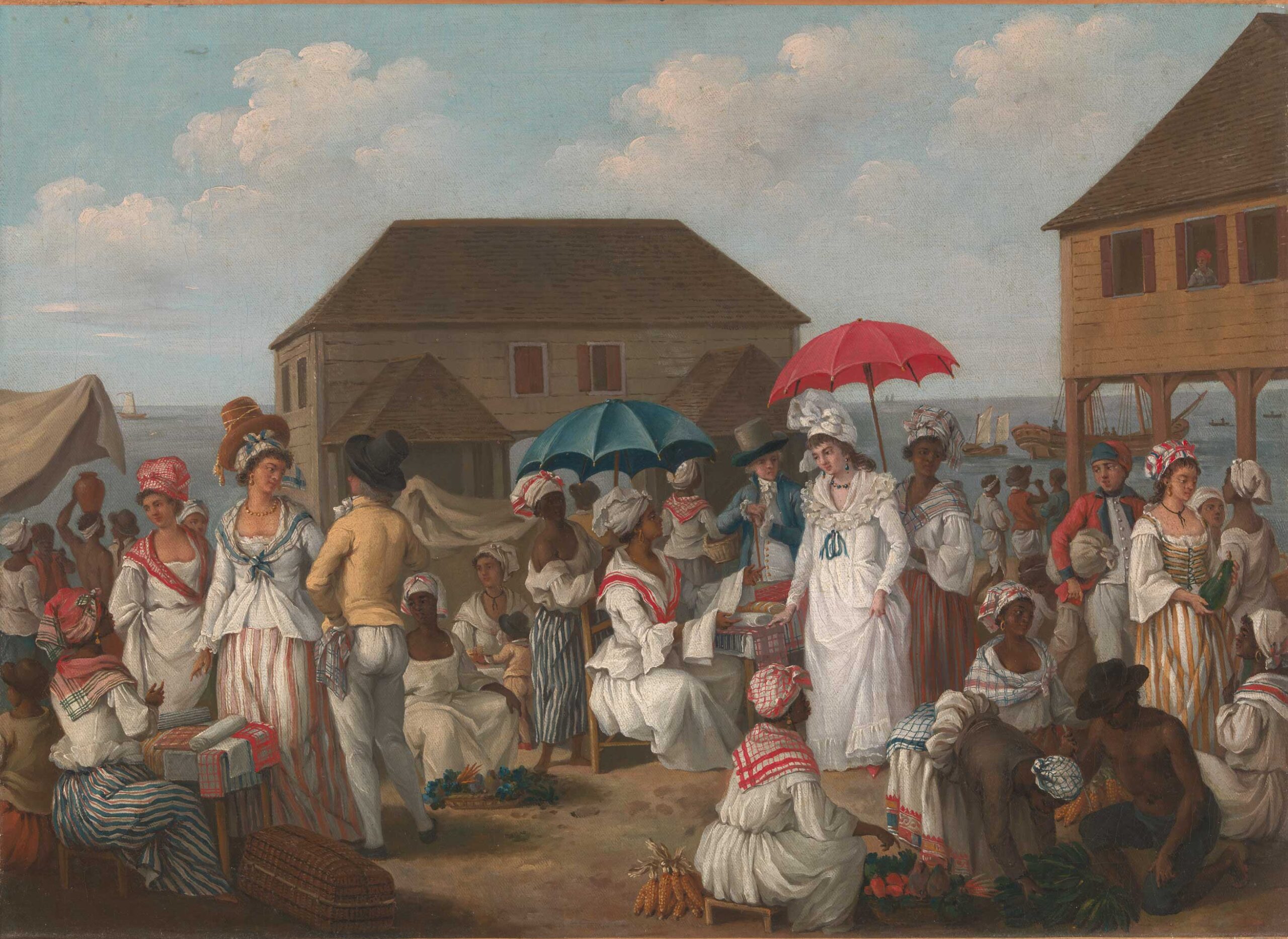Agostino Brunias (1728-1796), "Linen Market, Dominica," c. 1780, oil on canvas, 19 5/8 x 27 in., Yake Center for British Art, New Haven, Paul Mellon Collection, B1991.25.76