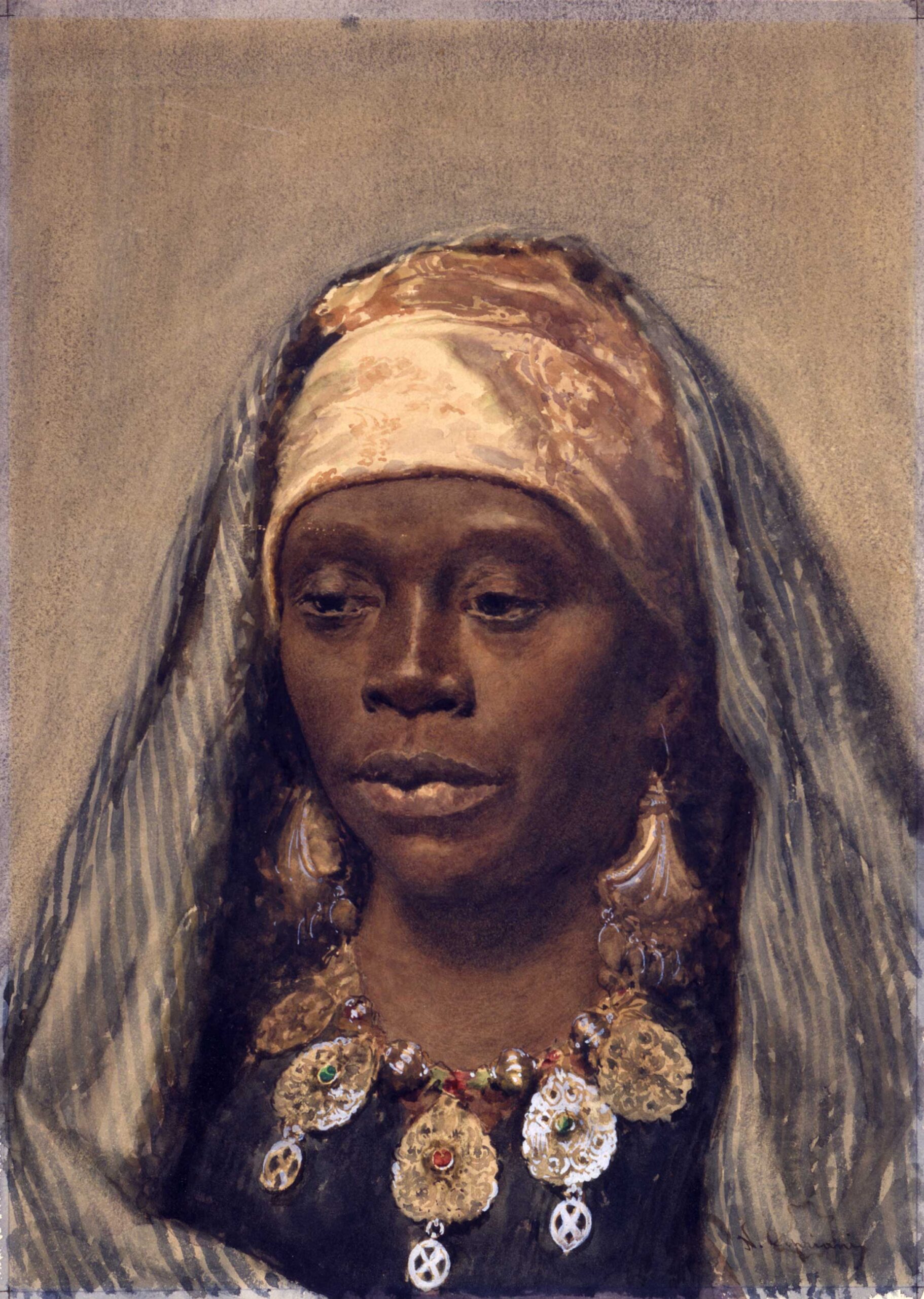 Nazzareno Cipriani (1843-1925), "Head of a North African Woman," 19th century, watercolor over traces of pencil on paper, 15 x 11 in., Dahesh Museum of Art, New York, 1995.49