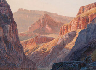 Grand Canyon painting - Elizabeth Black, "Sunrise at Black Rock Camp, Mile 96, On the Grand," oil on board, 40 x 30 in.