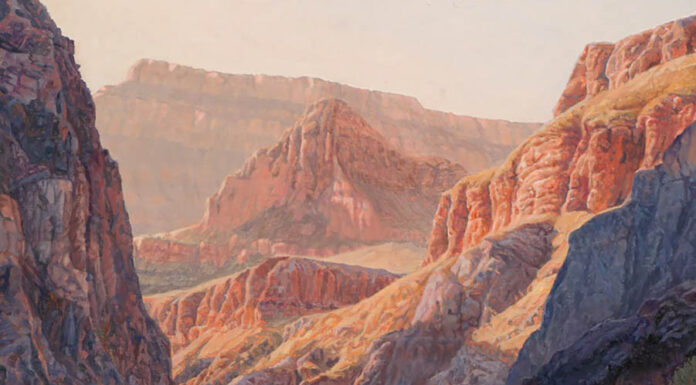 Grand Canyon painting - Elizabeth Black, "Sunrise at Black Rock Camp, Mile 96, On the Grand," oil on board, 40 x 30 in.