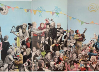 Contemporary art - Paco Savino, "Il Gran Party," 2022, acrylic on cotton canvas, 200 x 300 cm, triptych