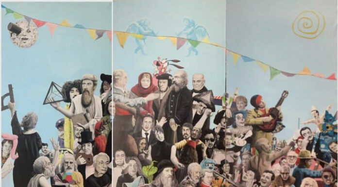 Contemporary art - Paco Savino, "Il Gran Party," 2022, acrylic on cotton canvas, 200 x 300 cm, triptych