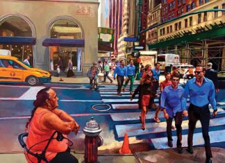 Figurative narrative art - Danny Glass, "Crossing," 2020, oil on canvas, 38 x 38 in., available through the artist