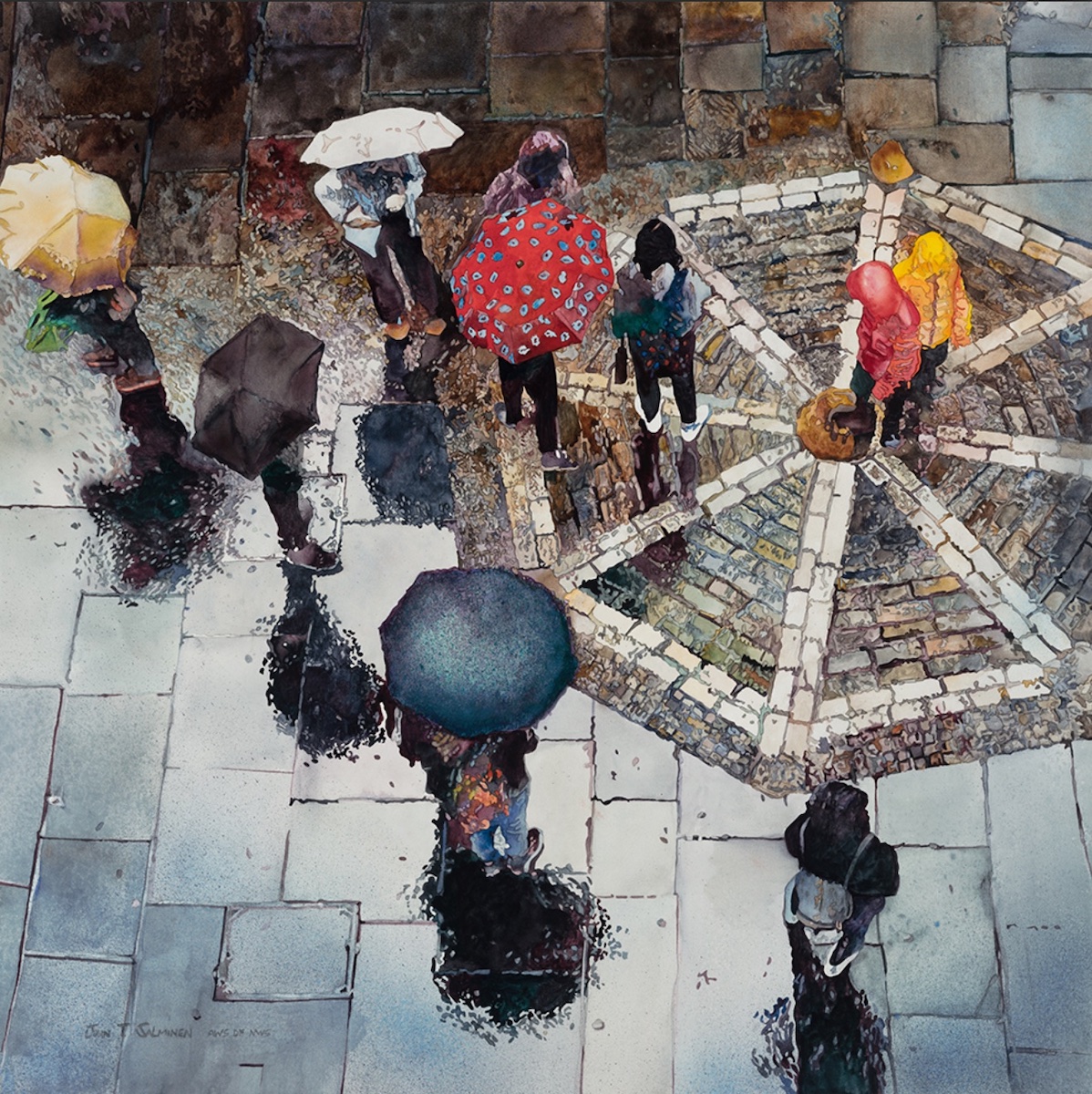 John Salminen, “High Street Umbrellas,” watercolor, 36x36 in.; AWS Alden Bryant Mem. Award