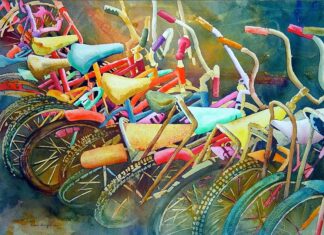 Watercolor painting of bicycles
