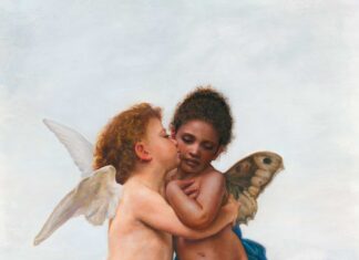 My Process: Excavate, Create, Destroy Contemporary realism painting of angels - Julianne Jonker, "Cupid and Psyche," 2022, cold wax and oil on raised birch panel, 36 x 24 in., available through the artist