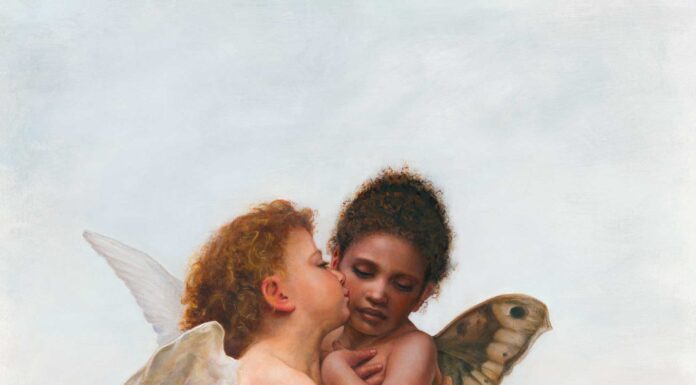 Contemporary realism painting of angels - Julianne Jonker, "Cupid and Psyche," 2022, cold wax and oil on raised birch panel, 36 x 24 in., available through the artist