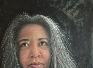 Contemporary realism portrait - Christa Forrest, "The Uncomfortable Self Reflection," 2022, oil on panel, 24 x 24 in.