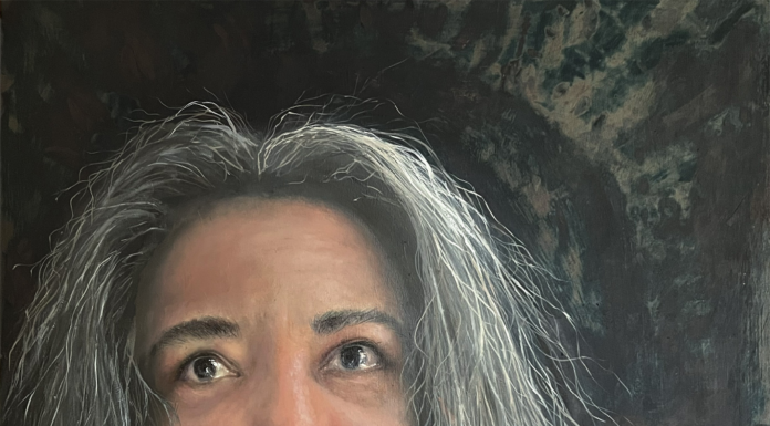 Contemporary realism portrait - Christa Forrest, "The Uncomfortable Self Reflection," 2022, oil on panel, 24 x 24 in.