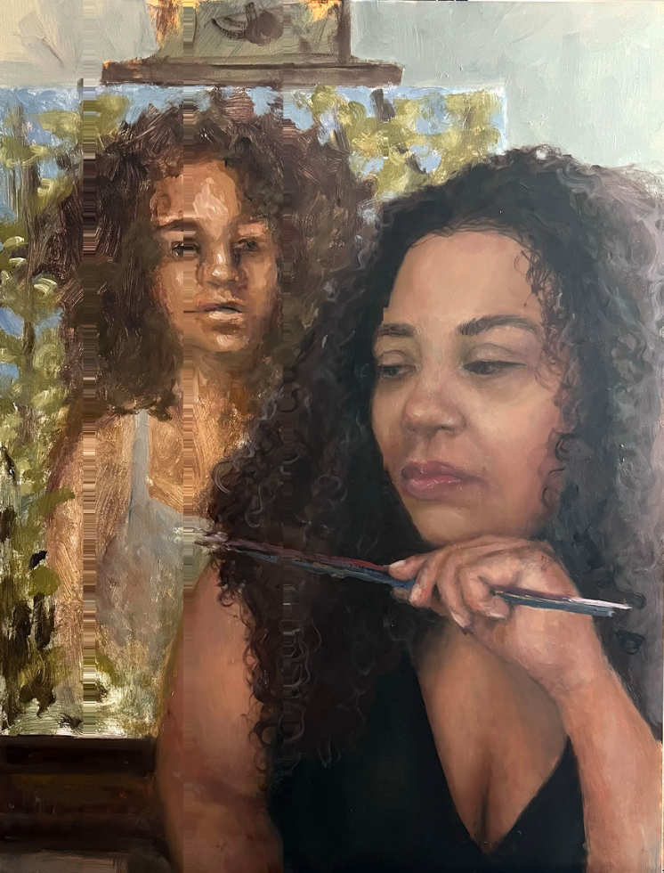 Contemporary realism portrait - Christa Forrest, "Unfinished," 2023, oil on panel, 24 x 18 in.