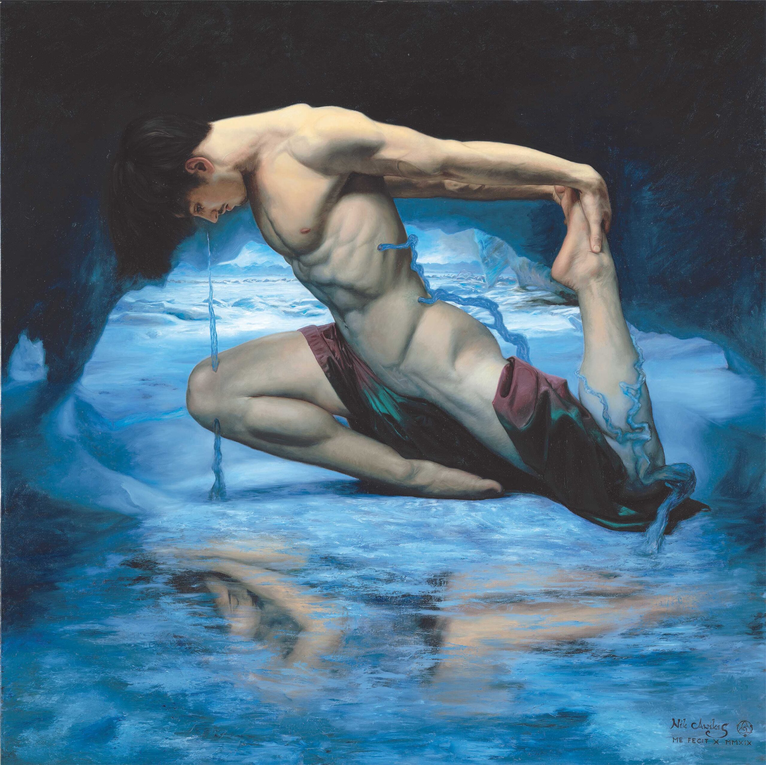 Contemporary realism figurative art - Nik Anikis (b. 1990), "The Curse of Triton," 2019, oil on canvas, 51 x 51 in., available through the artist
