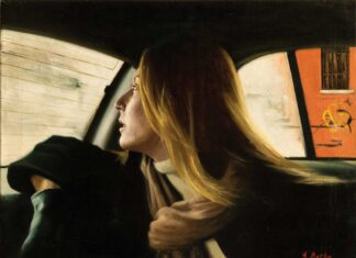 Contemporary realism painting of a woman in a cab