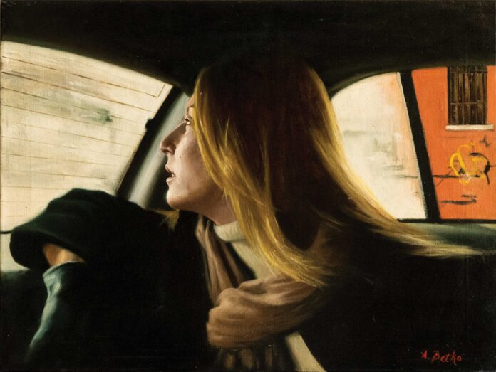 Contemporary realism painting of a woman in a cab