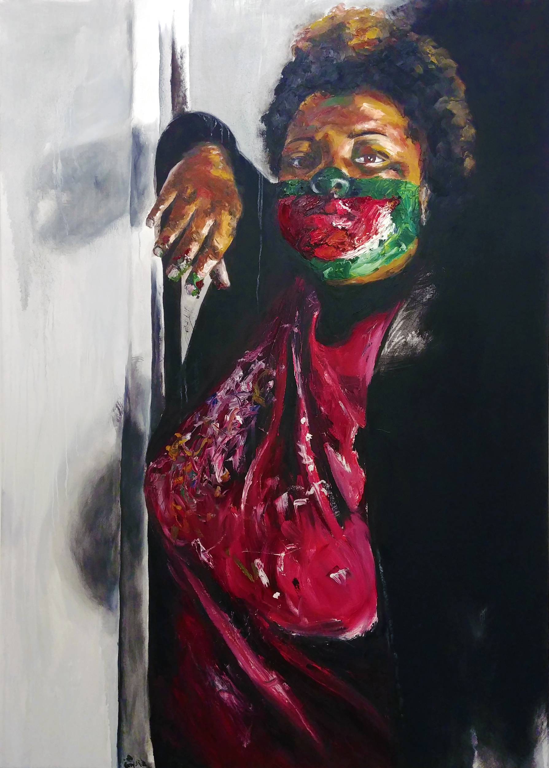"Is It Anger or Jealousy?" 2019, oil on canvas, 64 x 46 in. "A self-portrait mimicking the blackface imagery. Taking back control of our identity, I ask - does presence make you red with anger or green with jealousy?" ~ Angie Redmond
