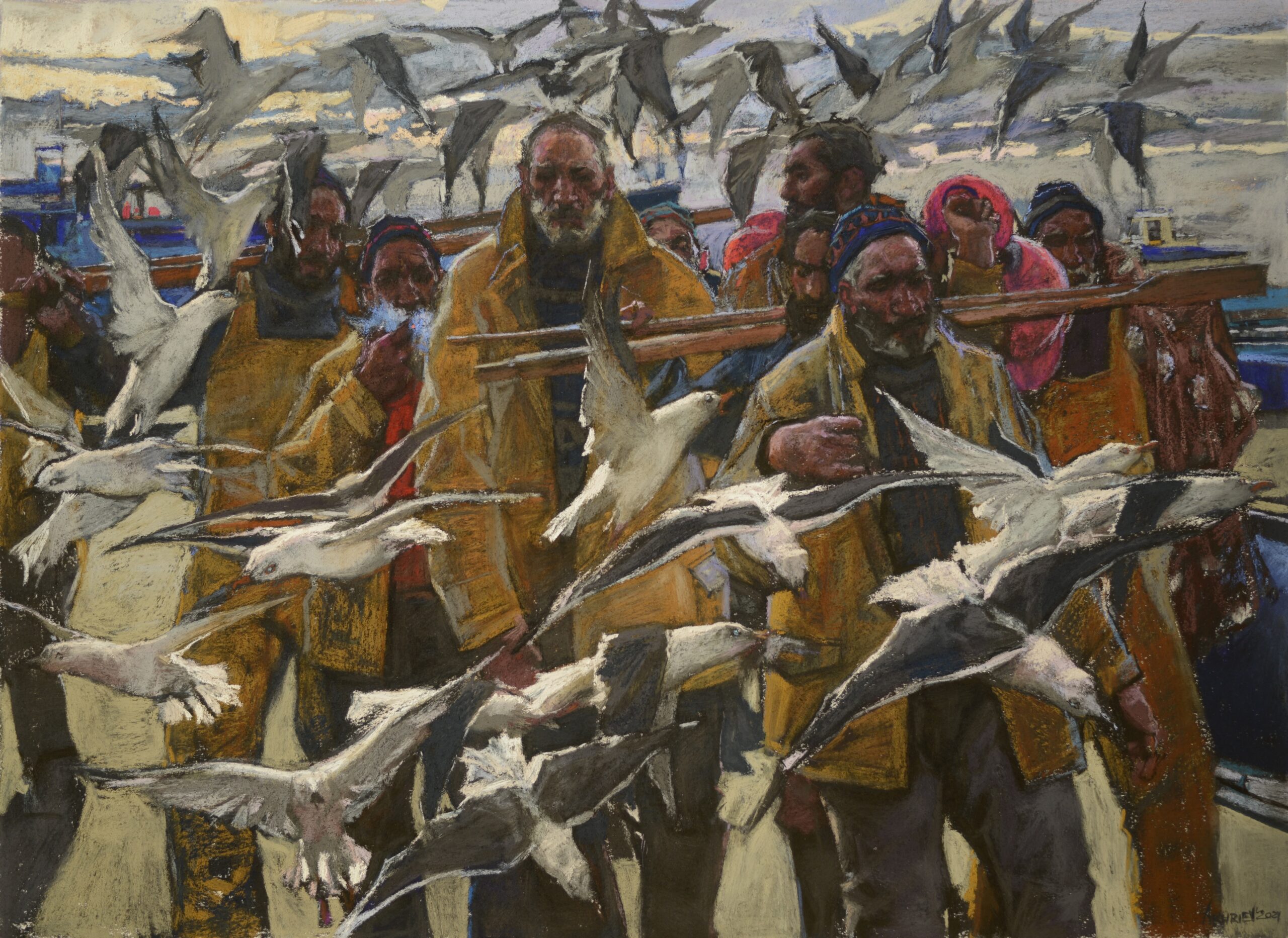 Daud Akhriev, "Life of the Port," pastel painting