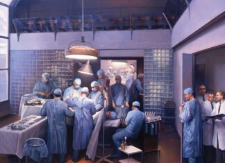 Contemporary realism - Joel Babb, "First Successful Organ Transplantation in Man," 1995–96, oil on linen, 70 x 88 in., Countway Library of Medicine, Harvard Medical School